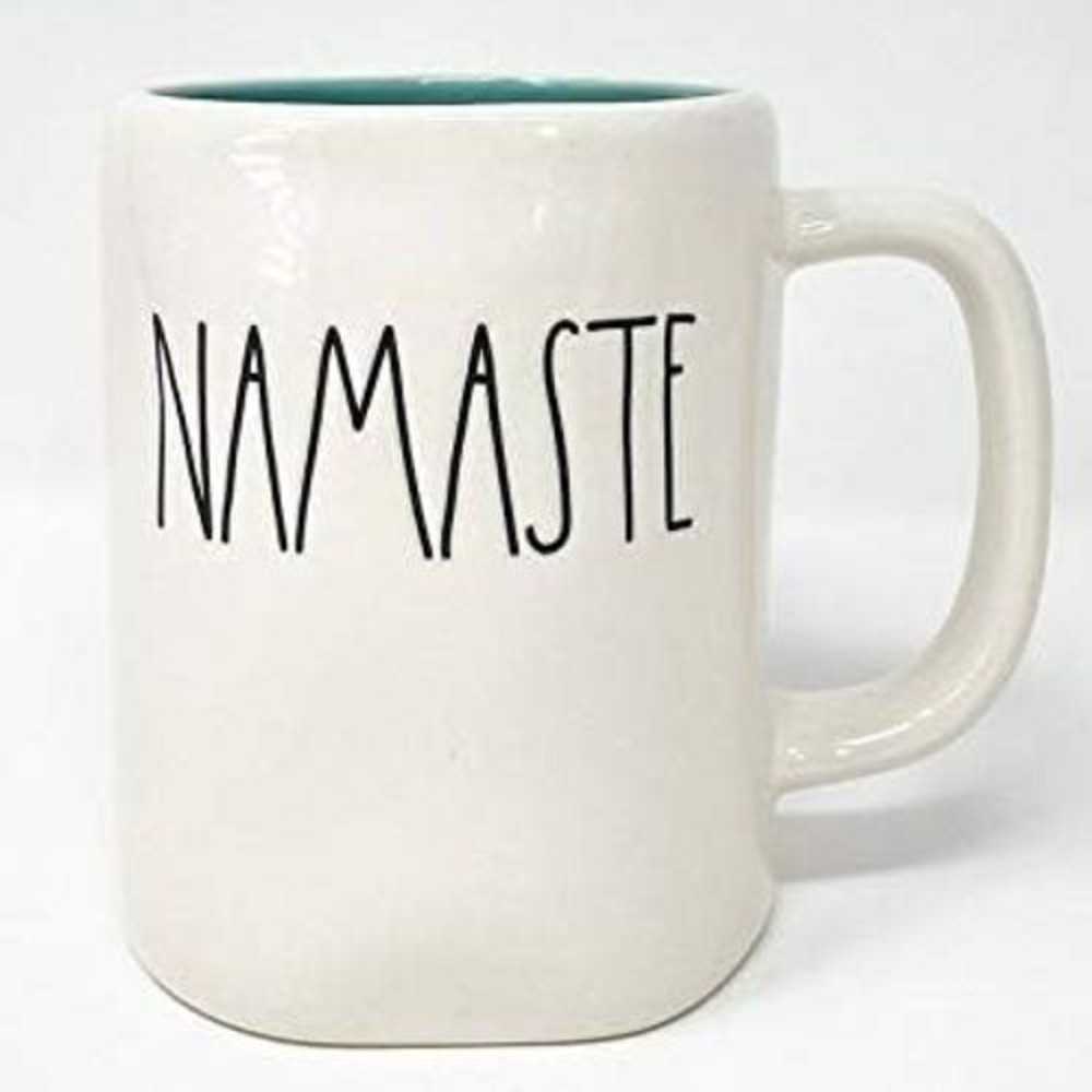 Rae Dunn Namaste Coffee Mug White Ceramic‎ Tea Cup Teal Interior Yoga Gift